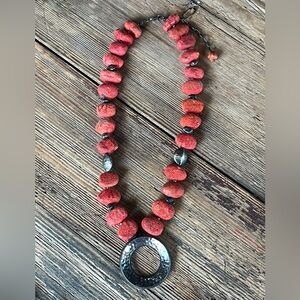 Silpada Red Bead Necklace with Hammered Silver Circle Pendant